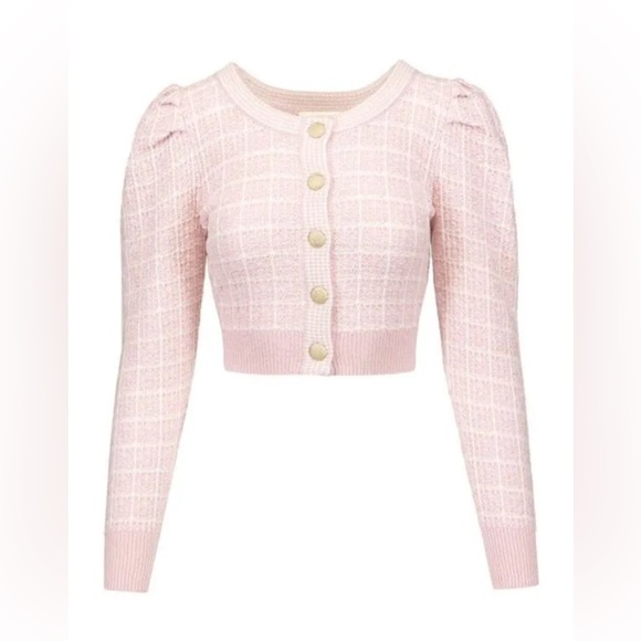 NWT LoveShackFancy Daughter Checked Cropped Cardigan Sweater in Pink Winds M - Picture 1 of 17